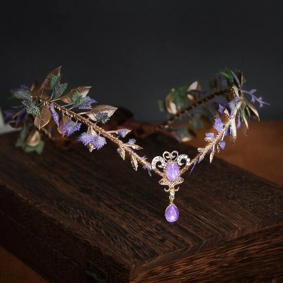 Purple Flower Elf Crown Woodland Fairy Headpiece Renaissance Cosplay Women main image 5